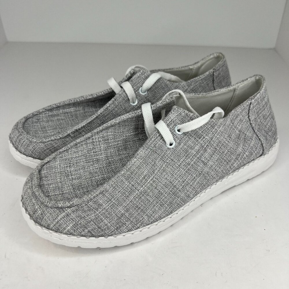 Mens Gray Canvas Lace Up Comfort Loafers Size 9.5 Slip On Casual Lite Weight